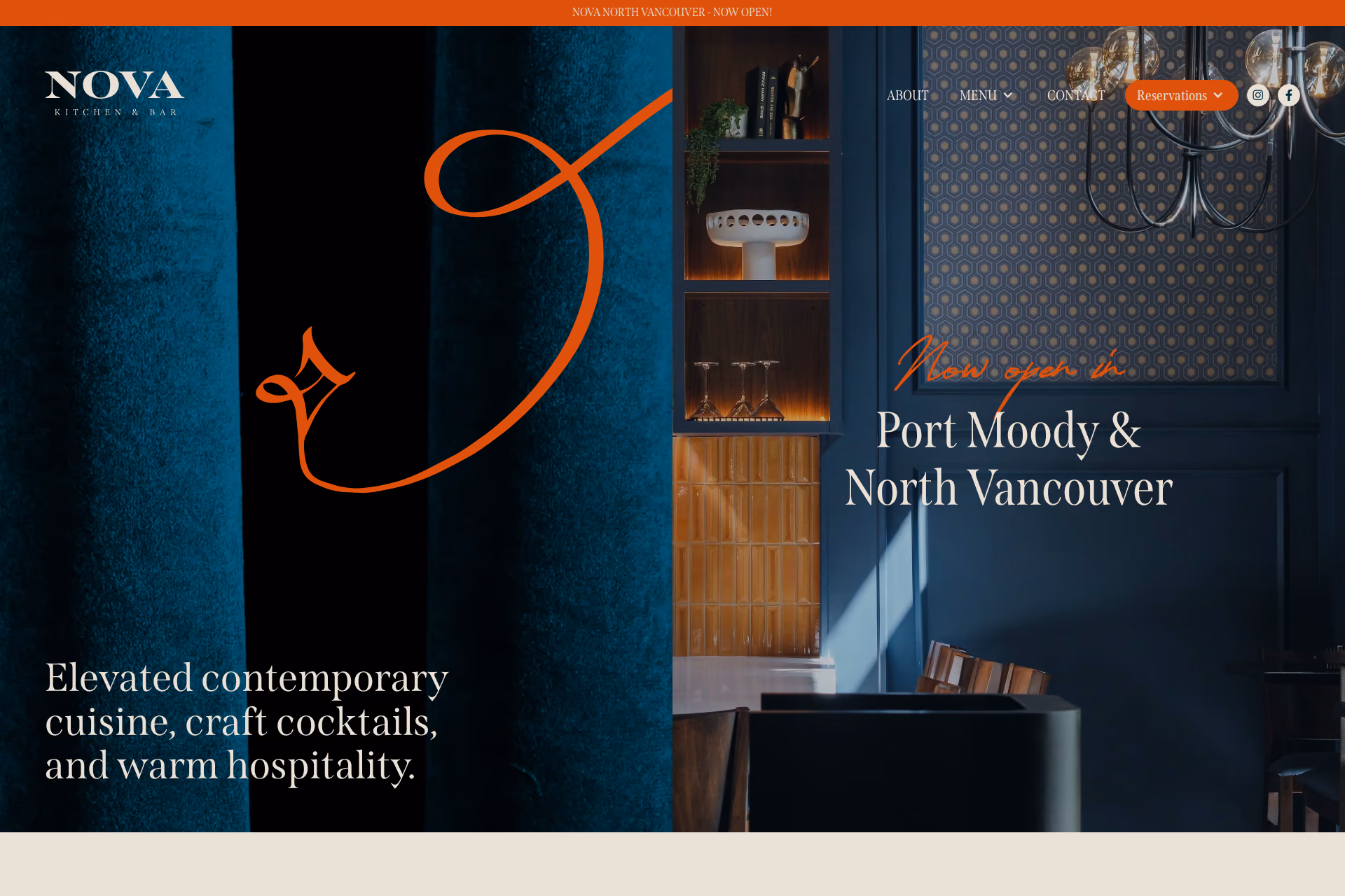 Nova Kitchen & Bar homepage with a deep blue velvet curtain, an orange hand-drawn flourish and the headline 'Now open in Port Moody & North Vancouver'