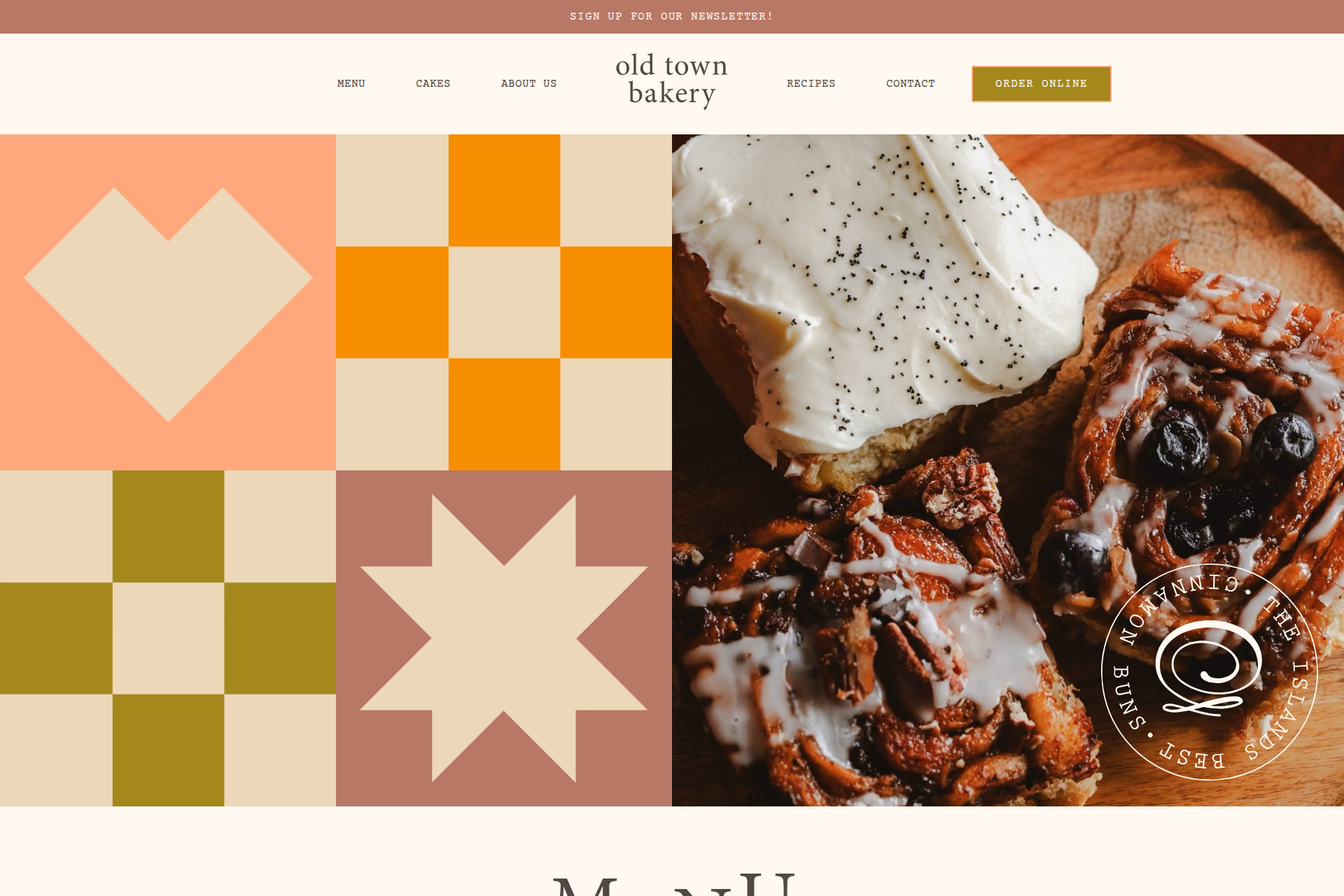 Old Town Bakery homepage featuring its signature cinnamon buns